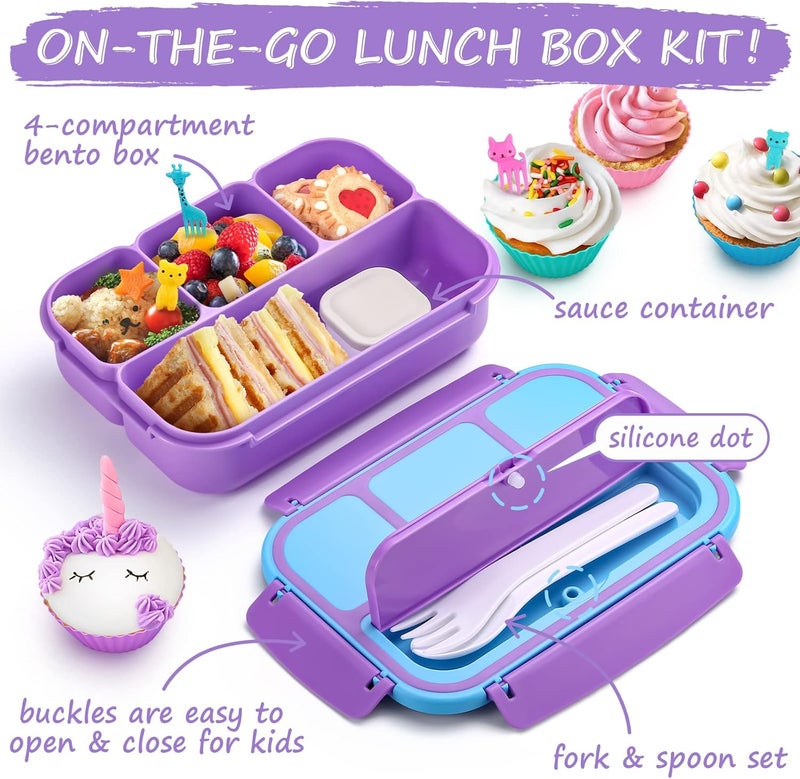 QQKO Bento Lunch Box for Kids Girls Boys, Toddler Kids Lunch Boxes for School, Lunch Containers for Adults with 4 Compartments, Sauce Container, Utensils, Food Picks and Muffin Cups, Purple - Image 3